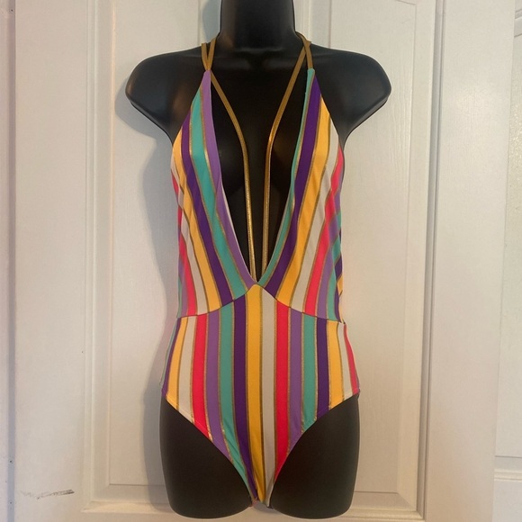 “FEATHER II” Rainbow Stripes & Gold Straps Bathing Suit - Picture 2 of 11